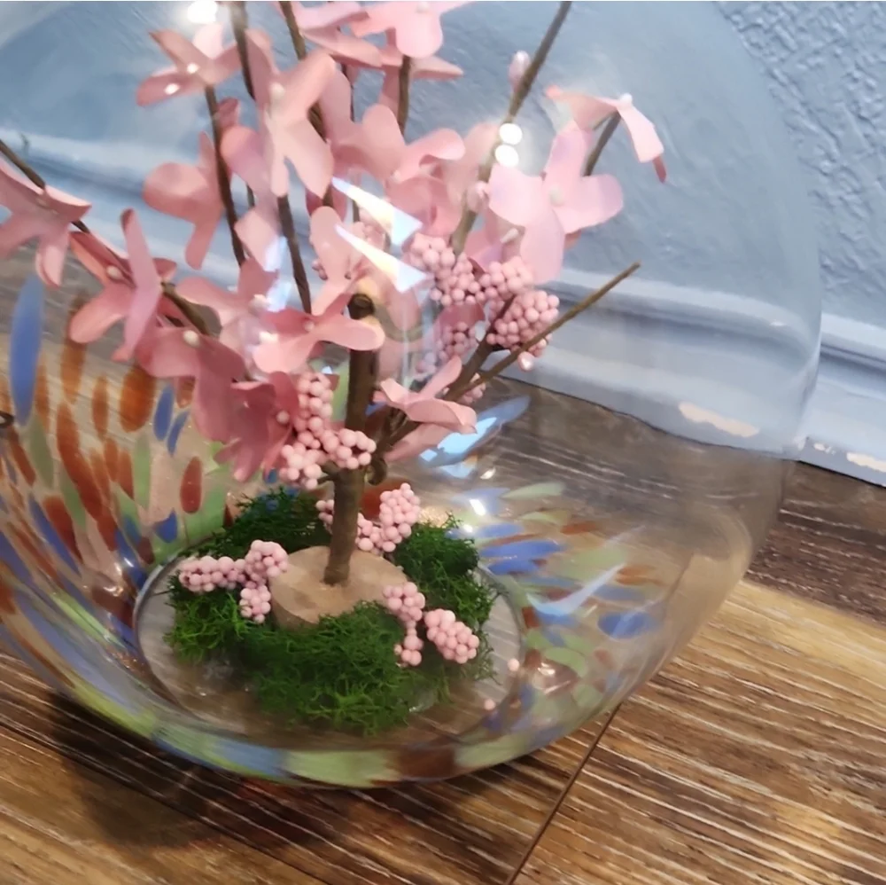 Cherry Blossom ? Pink Flowers Glass Globe Terrarium Blue Green Orange Spots